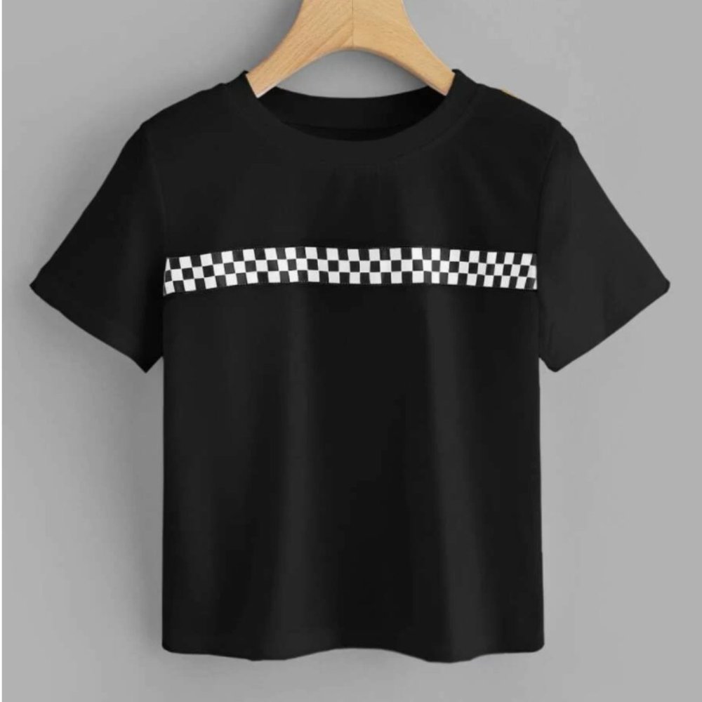 Black and white checkered stripe tee shirt